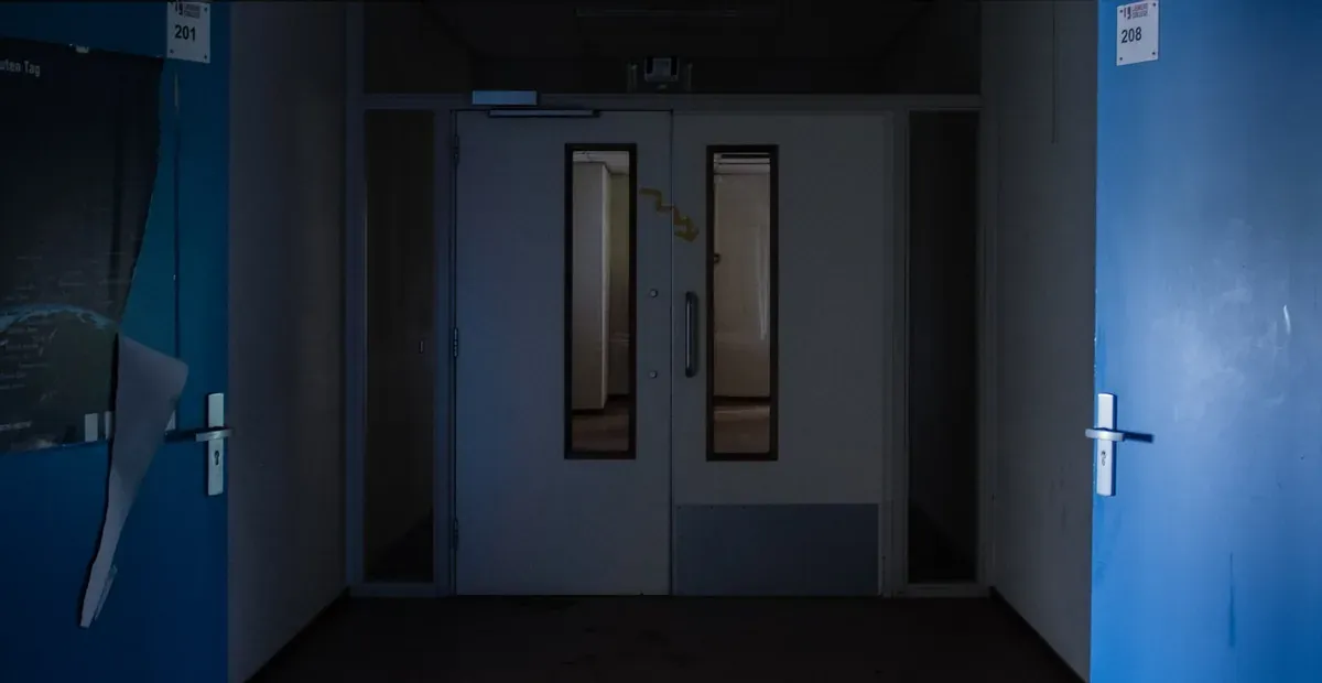 a dark hallway with a blue door and white walls