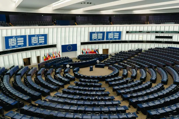 Modern parliamentary chamber with tiered seating