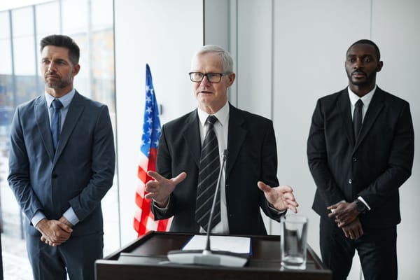 Three business professionals giving a speech with an American flag backdrop.